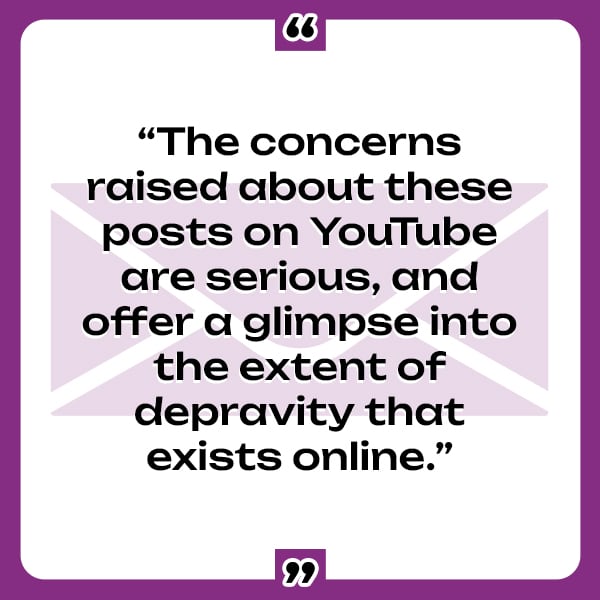 A quote from the Phoenix 11: "The concerns raised about these posts on YouTube are serious, and offer a glimpse into the extent of the depravity that exists online."