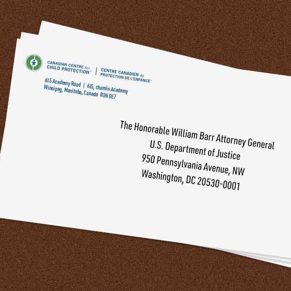 An illustration of an envelope addressed to U.S. Attorney General Barr from the Canadian Centre for Child Protection.