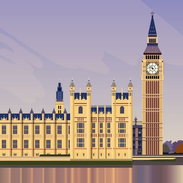 An illustration of the Palace of Westminster in London, England.