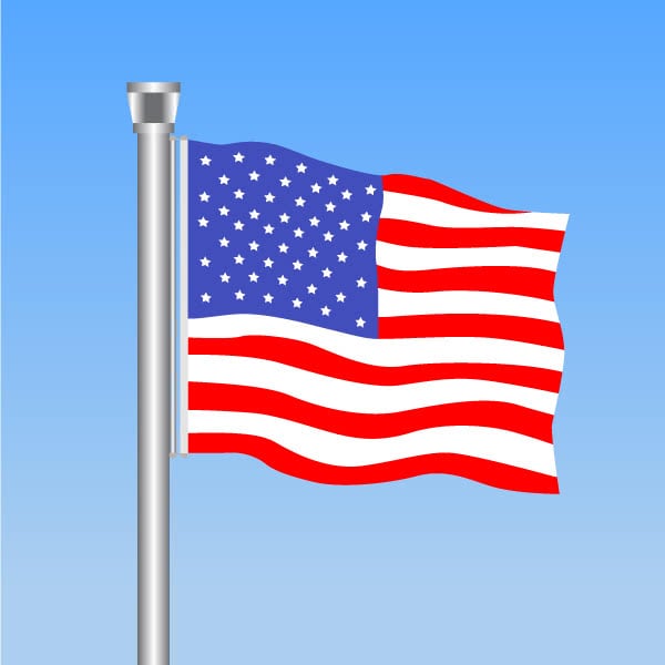 An illustration of the American flag flying at the top of a pole.