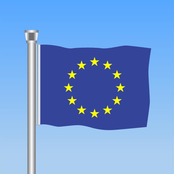 An illustration of the European Union’s flag flying at the top of a pole.